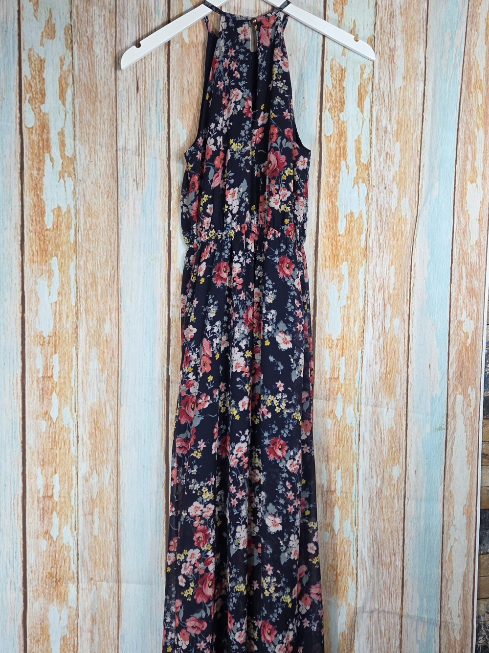 West Kei Navy Floral Halter Maxi Dress W/elastic Waist & Split Front Size Small
